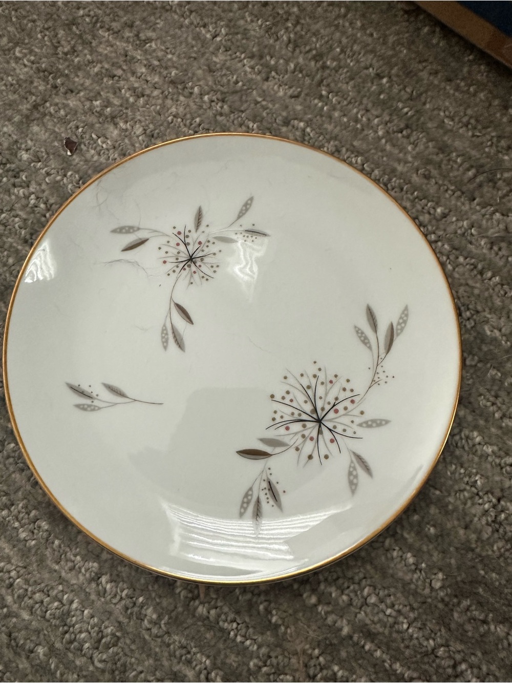 Noritake White Plate with Gold Rim and Gray Floral Motif